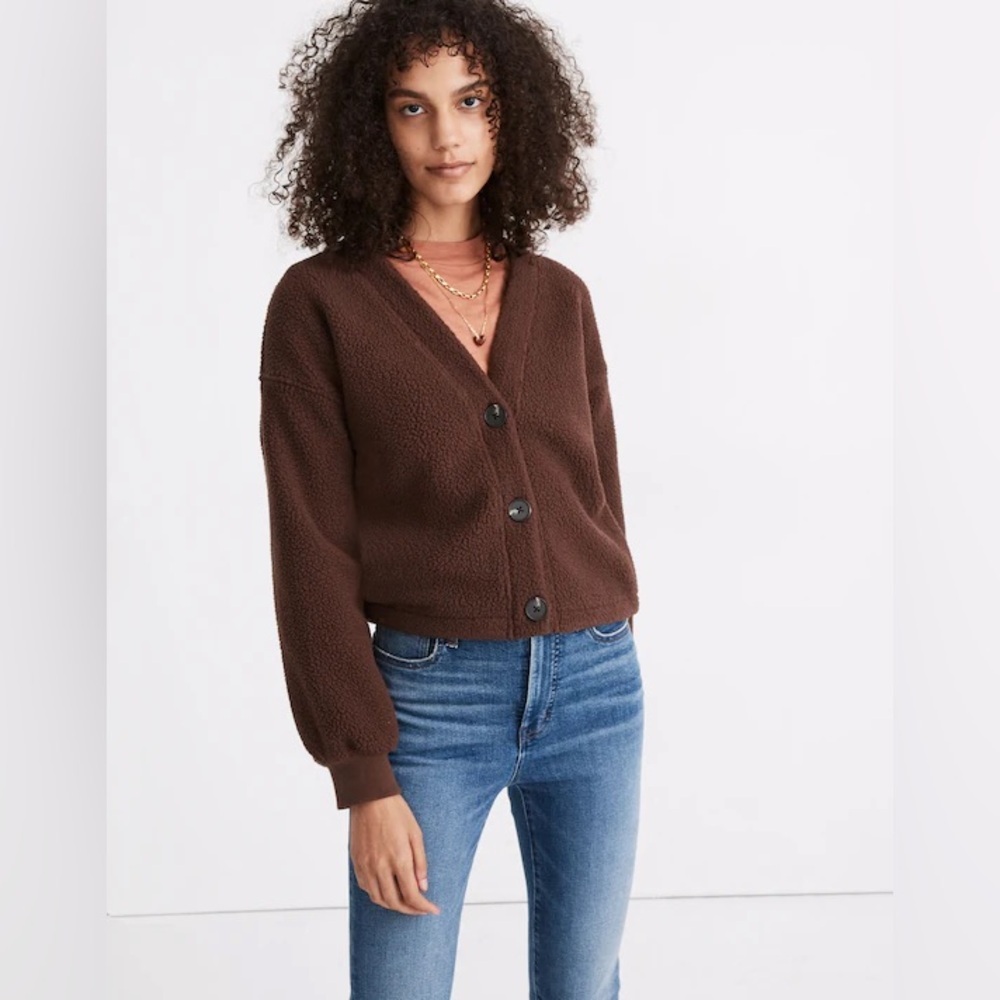 Madewell Fleece Cropped Cardigan Chocolate Brown Size XS